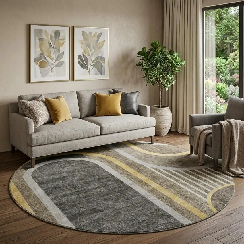 8' Taupe And Gold Geometric Washable Round Rug With UV Protection Photo 1