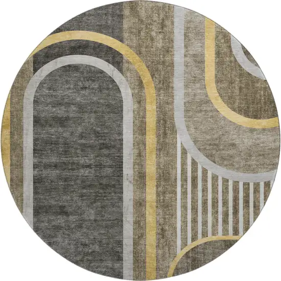 8' Taupe And Gold Geometric Washable Round Rug With UV Protection Photo 1