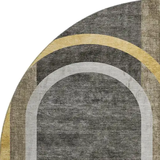 8' Taupe And Gold Geometric Washable Round Rug With UV Protection Photo 4