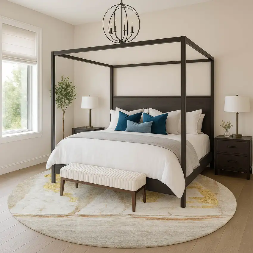 8' Taupe And Gold Nautical Washable Round Rug With UV Protection Photo 4