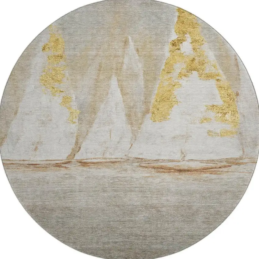 8' Taupe And Gold Nautical Washable Round Rug With UV Protection Photo 3