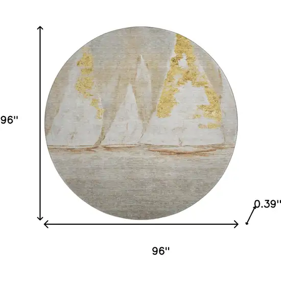 8' Taupe And Gold Nautical Washable Round Rug With UV Protection Photo 7