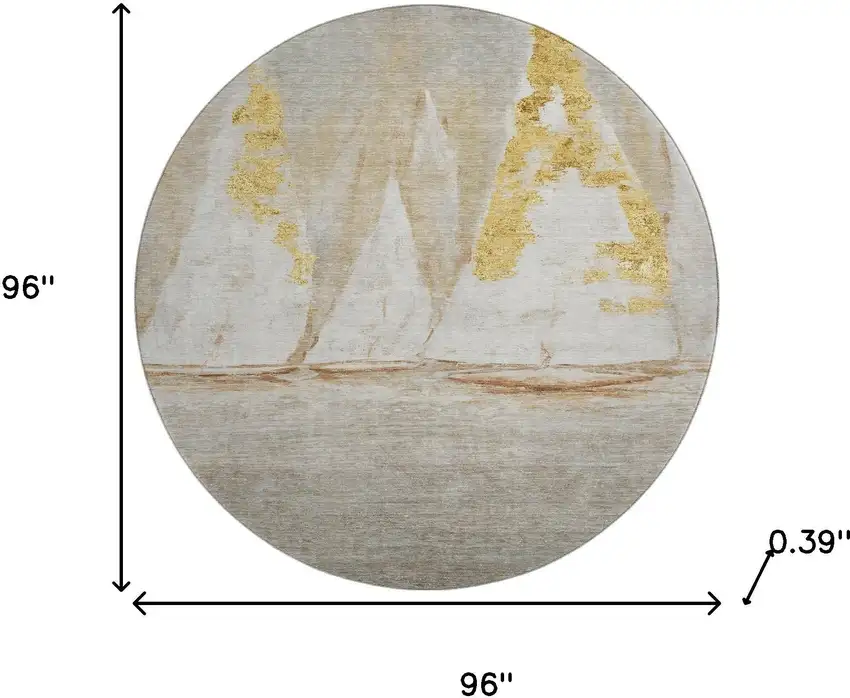 8' Taupe And Gold Nautical Washable Round Rug With UV Protection Photo 7
