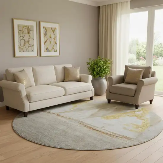 8' Taupe And Gold Nautical Washable Round Rug With UV Protection Photo 2