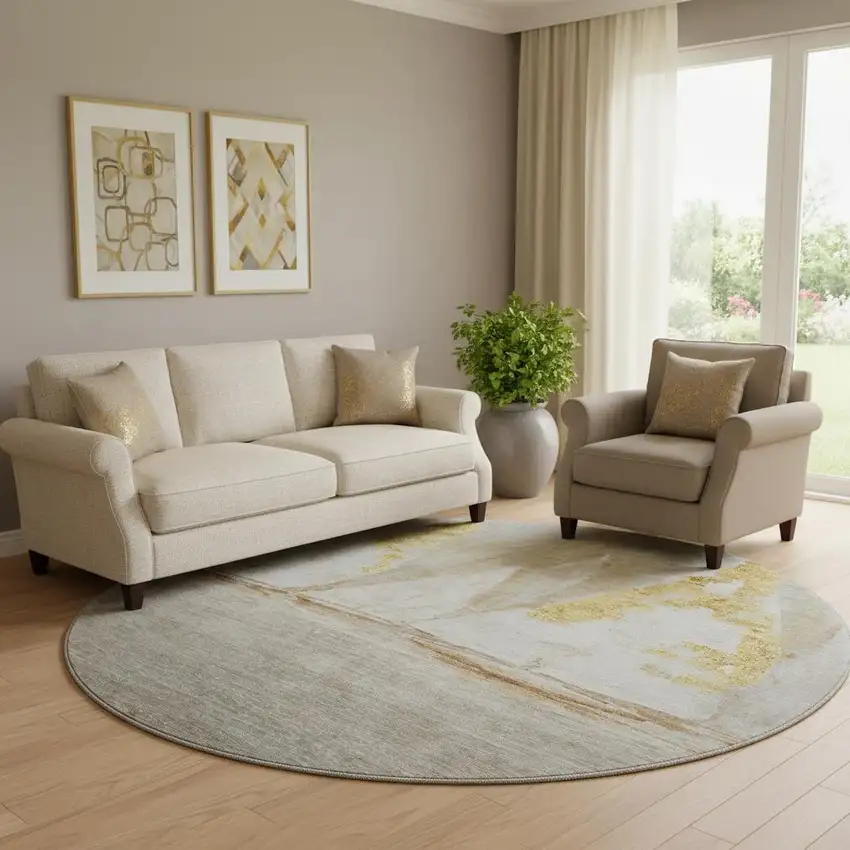 8' Taupe And Gold Nautical Washable Round Rug With UV Protection Photo 2