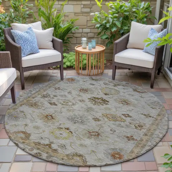 8' Taupe And Gold Round Floral Washable Indoor Outdoor Area Rug Photo 6