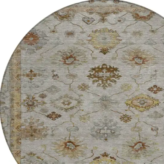 8' Taupe And Gold Round Floral Washable Indoor Outdoor Area Rug Photo 8