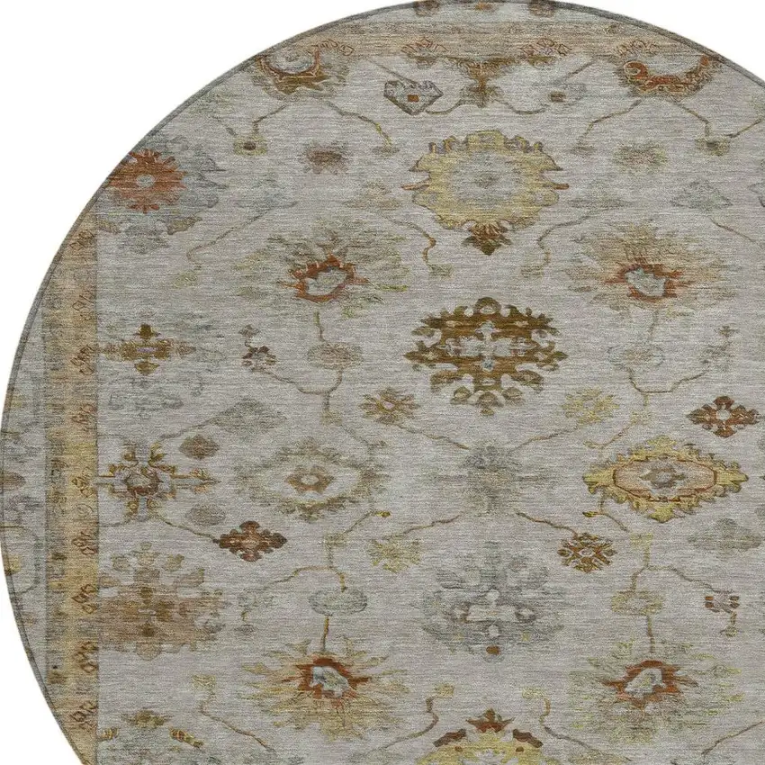 8' Taupe And Gold Round Floral Washable Indoor Outdoor Area Rug Photo 8