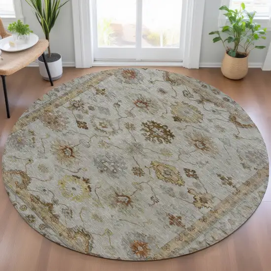8' Taupe And Gold Round Floral Washable Indoor Outdoor Area Rug Photo 5