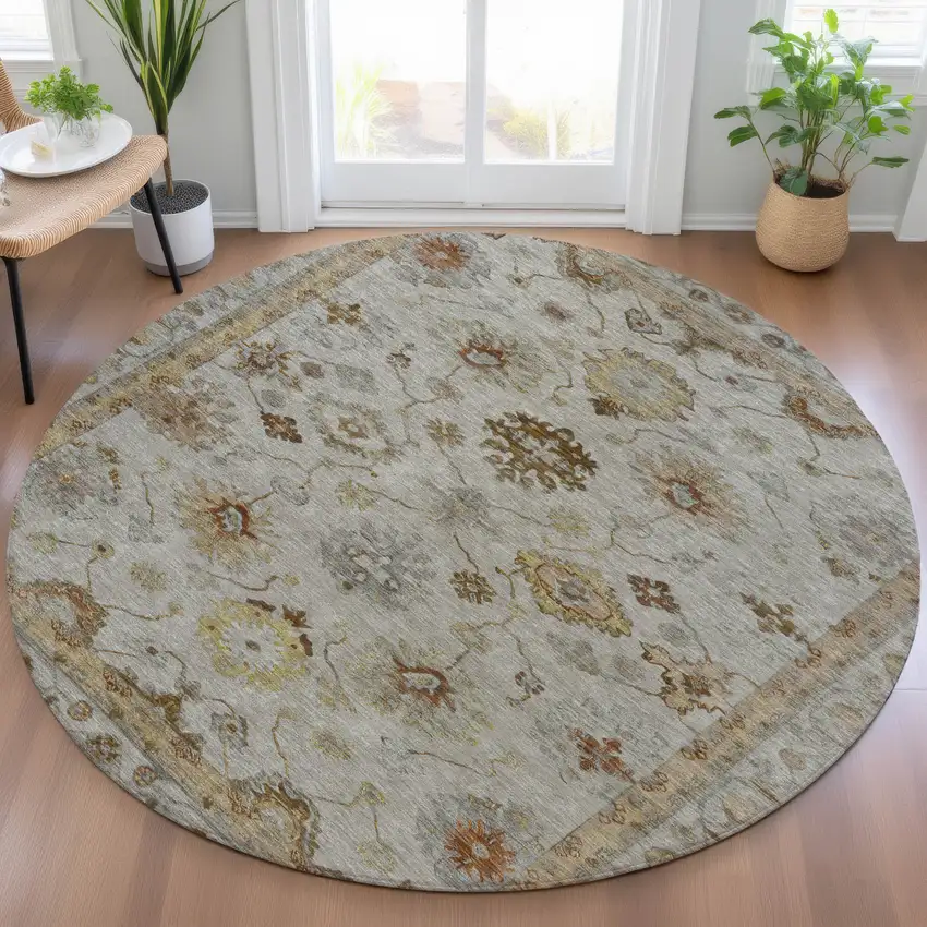 8' Taupe And Gold Round Floral Washable Indoor Outdoor Area Rug Photo 5