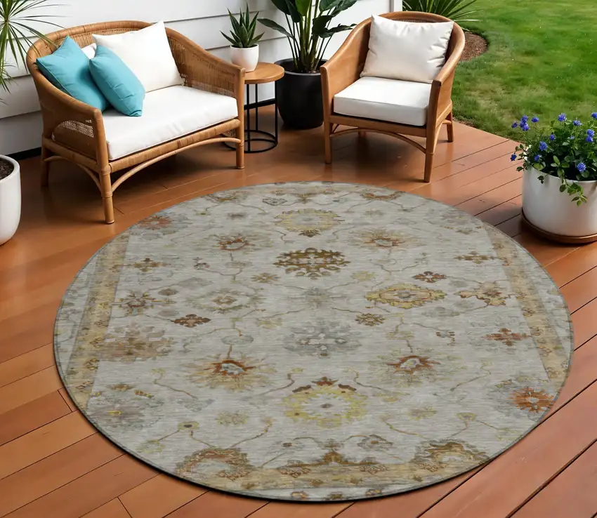 8' Taupe And Gold Round Floral Washable Indoor Outdoor Area Rug Photo 2