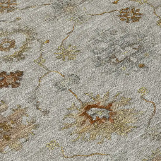 8' Taupe And Gold Round Floral Washable Indoor Outdoor Area Rug Photo 9