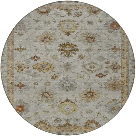 8' Taupe And Gold Round Floral Washable Indoor Outdoor Area Rug Photo 3