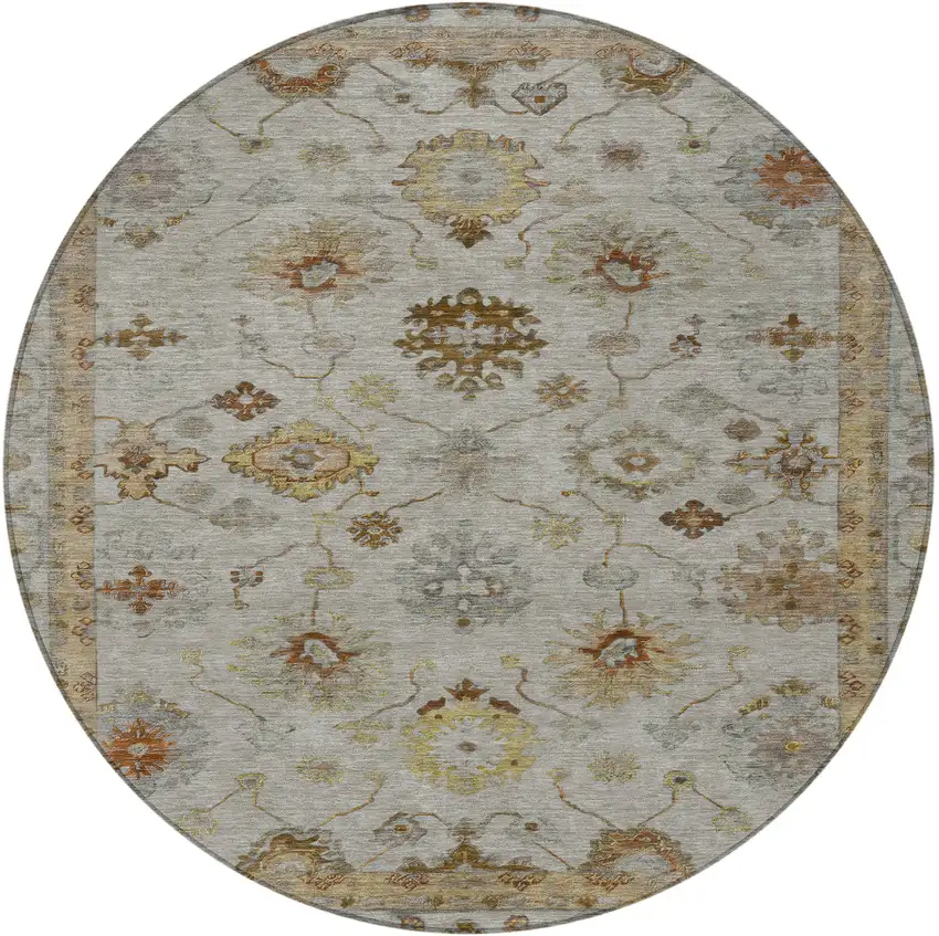 8' Taupe And Gold Round Floral Washable Indoor Outdoor Area Rug Photo 3