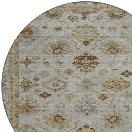 8' Taupe And Gold Round Floral Washable Indoor Outdoor Area Rug Photo 4