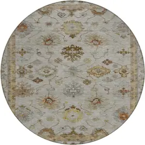 Photo of 8' Taupe And Gold Round Floral Washable Indoor Outdoor Area Rug