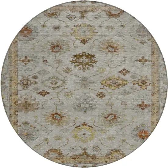 8' Taupe And Gold Round Floral Washable Indoor Outdoor Area Rug Photo 1