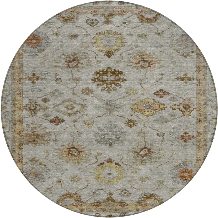 8' Taupe And Gold Round Floral Washable Indoor Outdoor Area Rug Photo 1