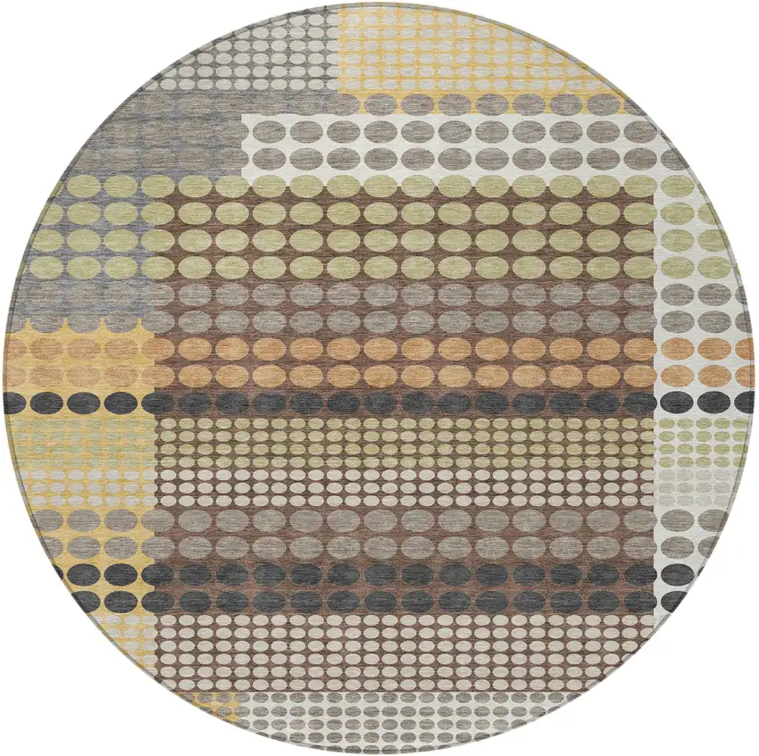 8' Taupe And Gold Round Geometric Washable Indoor Outdoor Area Rug Photo 3