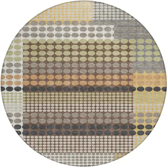 8' Taupe And Gold Round Geometric Washable Indoor Outdoor Area Rug Photo 1