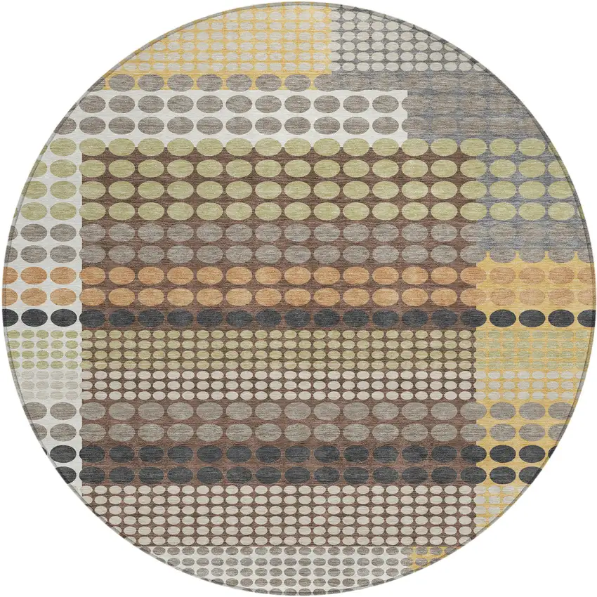 8' Taupe And Gold Round Geometric Washable Indoor Outdoor Area Rug Photo 1