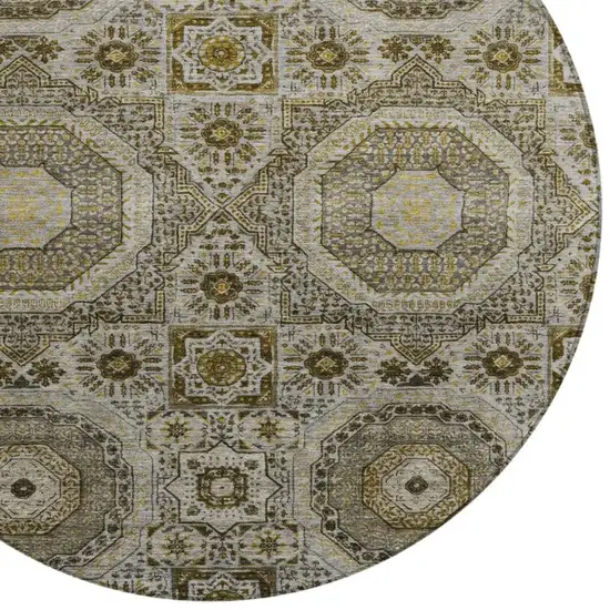 8' Taupe And Gold Round Medallion Washable Indoor Outdoor Area Rug Photo 4