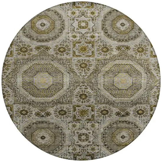 8' Taupe And Gold Round Medallion Washable Indoor Outdoor Area Rug Photo 3