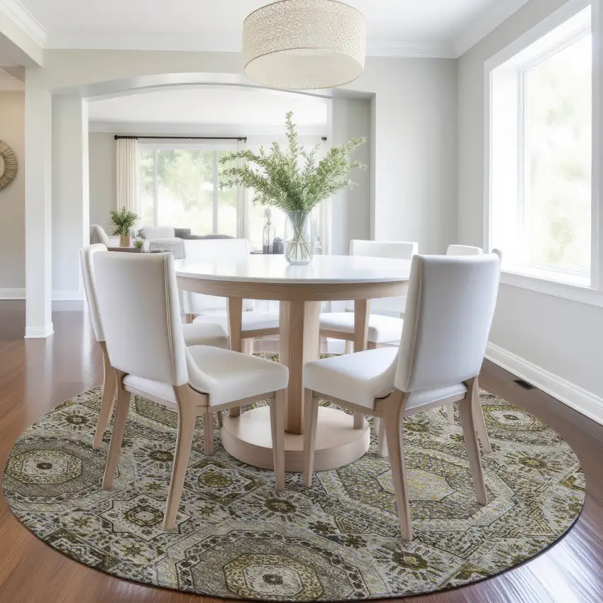 8' Taupe And Gold Round Medallion Washable Indoor Outdoor Area Rug Photo 6