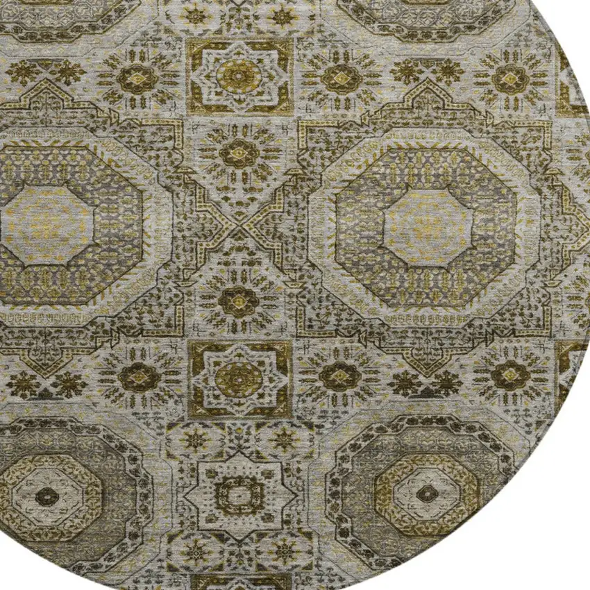 8' Taupe And Gold Round Medallion Washable Indoor Outdoor Area Rug Photo 8