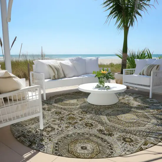8' Taupe And Gold Round Medallion Washable Indoor Outdoor Area Rug Photo 5