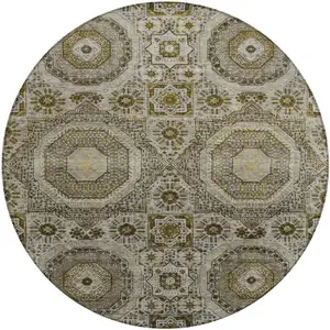Photo of 8' Taupe And Gold Round Medallion Washable Indoor Outdoor Area Rug