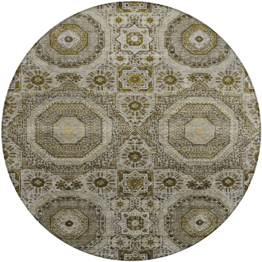 8' Taupe And Gold Round Medallion Washable Indoor Outdoor Area Rug Photo 1