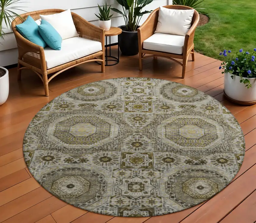 8' Taupe And Gold Round Medallion Washable Indoor Outdoor Area Rug Photo 2