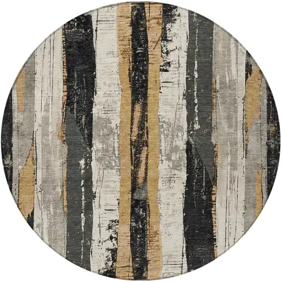 8' Taupe And Gold Round Striped Washable Indoor Outdoor Area Rug Photo 4