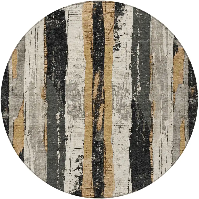 8' Taupe And Gold Round Striped Washable Indoor Outdoor Area Rug Photo 4