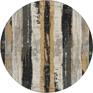 Photo of 8' Taupe And Gold Round Striped Washable Indoor Outdoor Area Rug