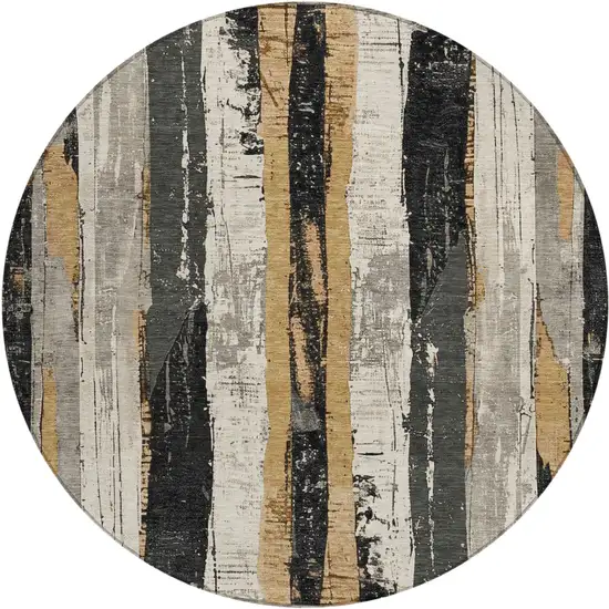 8' Taupe And Gold Round Striped Washable Indoor Outdoor Area Rug Photo 1