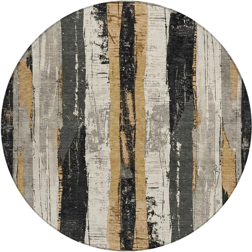 8' Taupe And Gold Round Striped Washable Indoor Outdoor Area Rug Photo 1