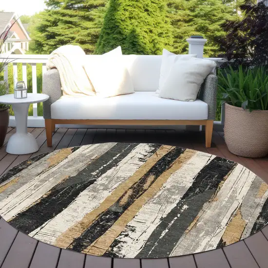 8' Taupe And Gold Round Striped Washable Indoor Outdoor Area Rug Photo 6