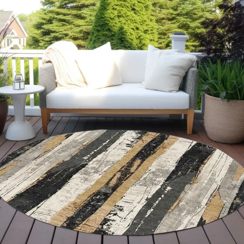 8' Taupe And Gold Round Striped Washable Indoor Outdoor Area Rug Photo 6