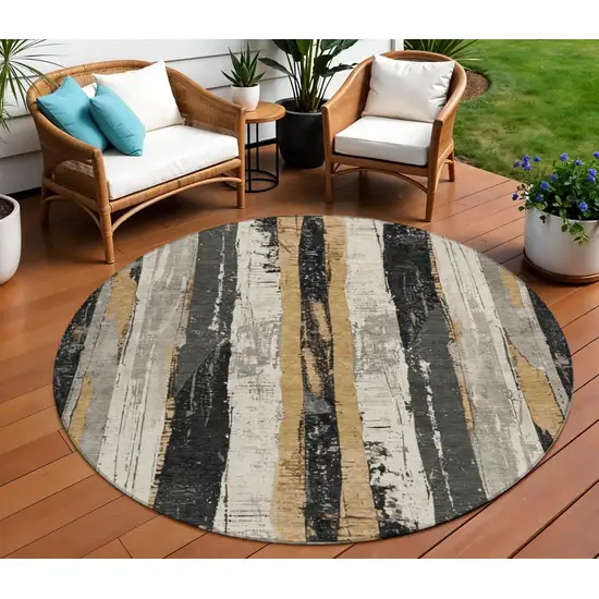 8' Taupe And Gold Round Striped Washable Indoor Outdoor Area Rug Photo 2