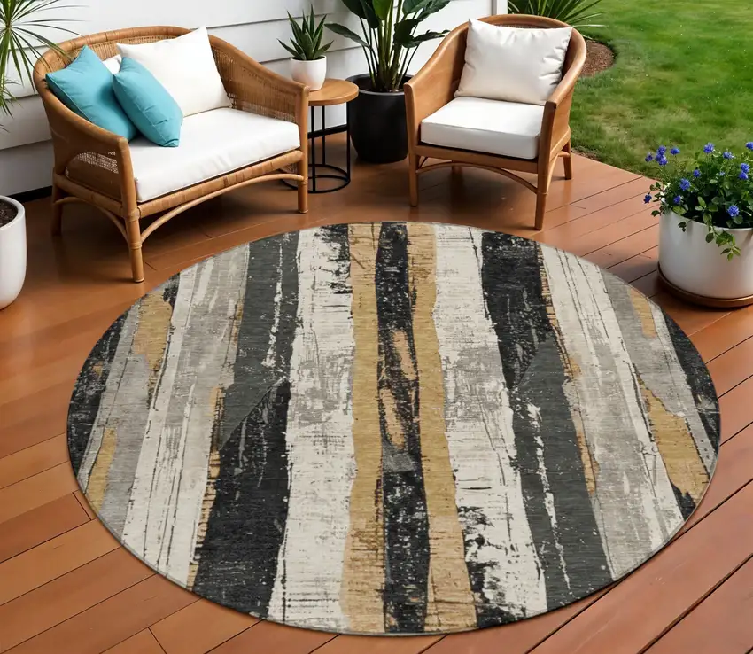 8' Taupe And Gold Round Striped Washable Indoor Outdoor Area Rug Photo 2