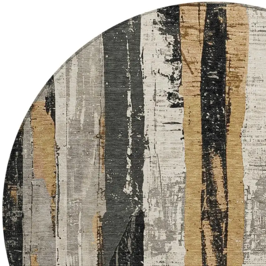 8' Taupe And Gold Round Striped Washable Indoor Outdoor Area Rug Photo 3