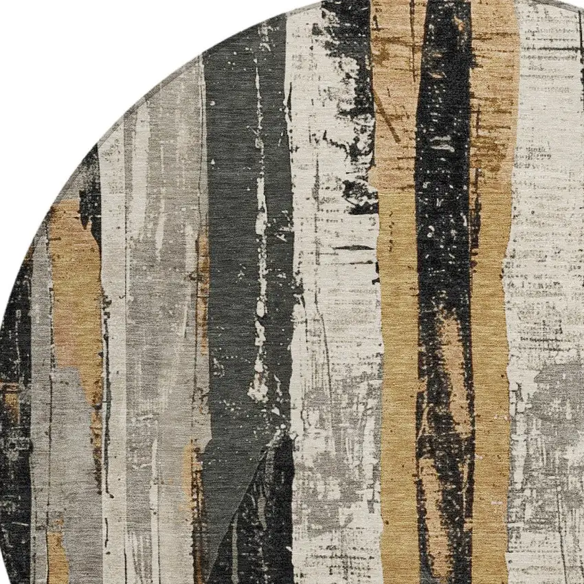 8' Taupe And Gold Round Striped Washable Indoor Outdoor Area Rug Photo 9