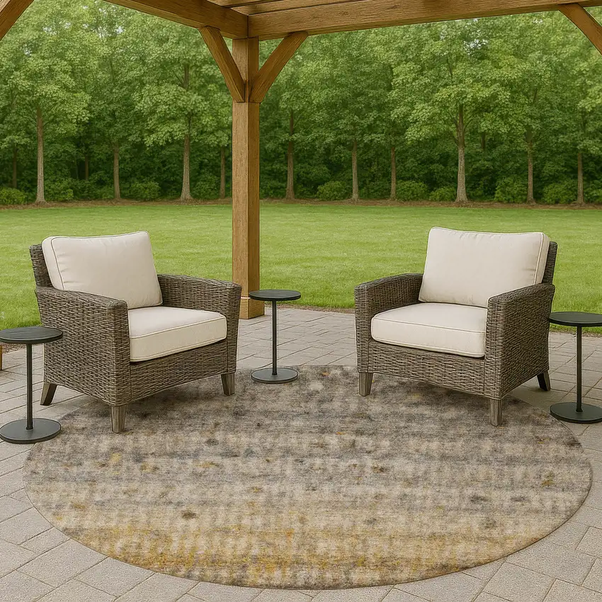 8' Taupe And Gold Round Striped Washable Indoor Outdoor Area Rug Photo 7
