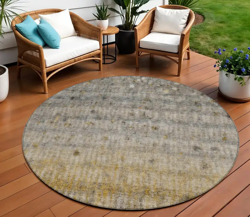 8' Taupe And Gold Round Striped Washable Indoor Outdoor Area Rug Photo 1