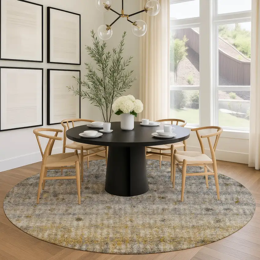 8' Taupe And Gold Round Striped Washable Indoor Outdoor Area Rug Photo 8