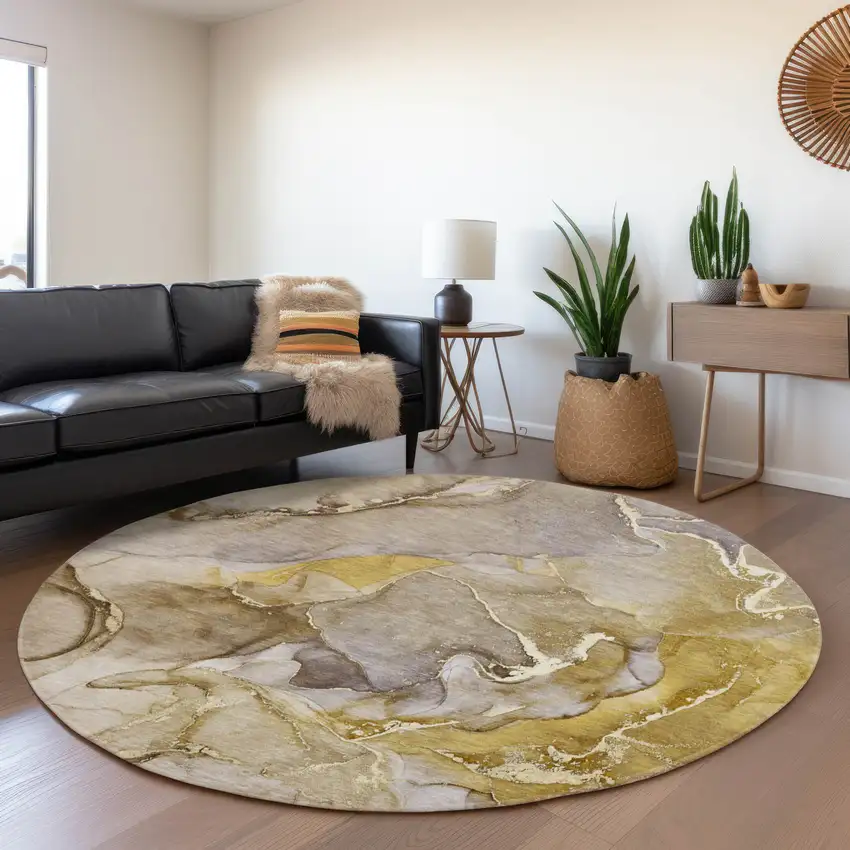 8' Taupe And Gray Abstract Washable Round Rug With UV Protection Photo 5