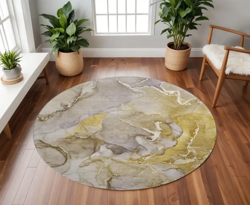 8' Taupe And Gray Abstract Washable Round Rug With UV Protection Photo 2