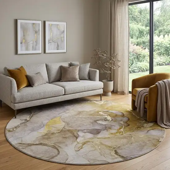 8' Taupe And Gray Abstract Washable Round Rug With UV Protection Photo 1